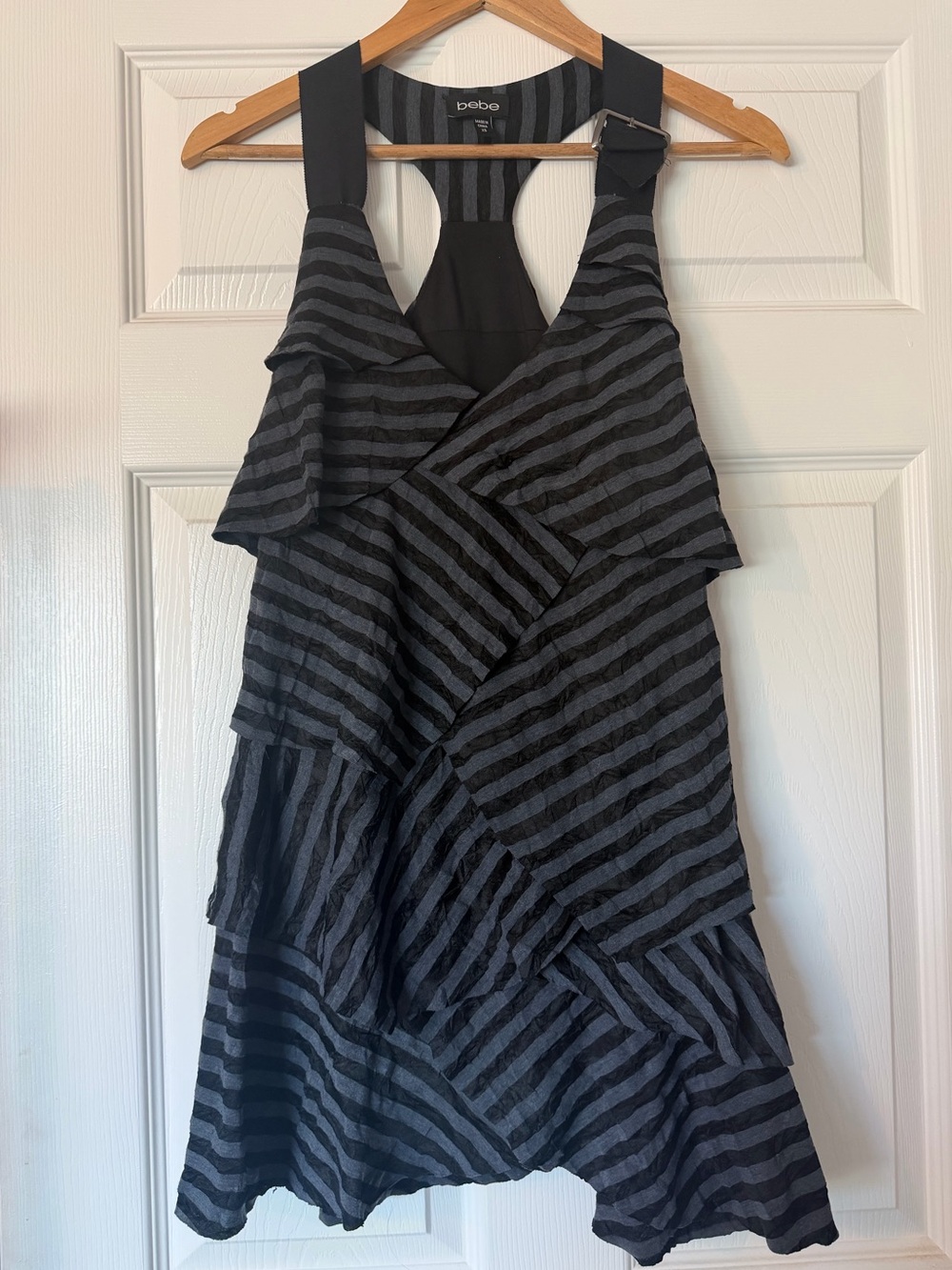 BEBE Black & Charcoal Striped Ruffled Halter Dress